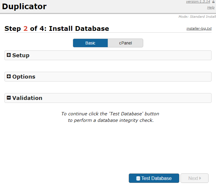 duplicator install database